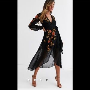 ASOS DESIGN wrap front midi dress with embroidery.